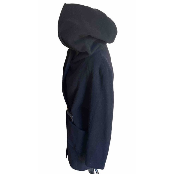 LAUREN RALPH Womens Hooded Black Wool Blend Belted Pea Coat Jacket Size 2 - Picture 4 of 10